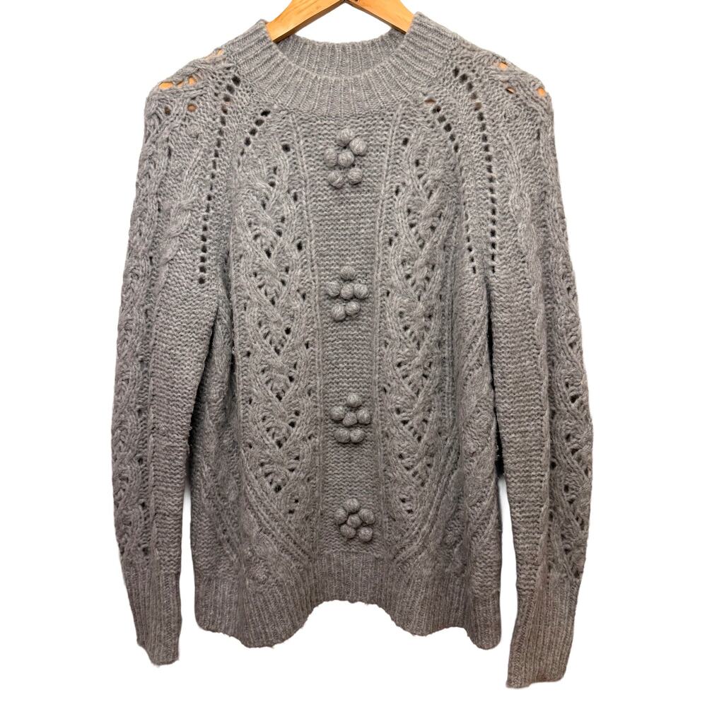 J.Crew Grey Cable Pointelle Knit Pom Pom Knit Crewneck Sweater - S - Pre-Owned